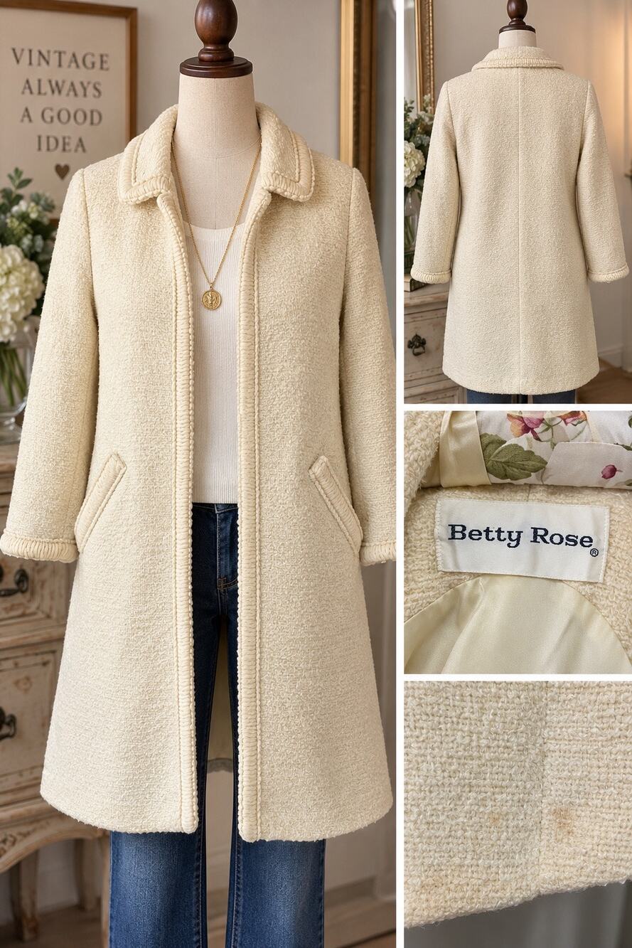 Vintage Betty Rose Cream Bouclé Wool Blend Coat Mid Century Lined Women’s